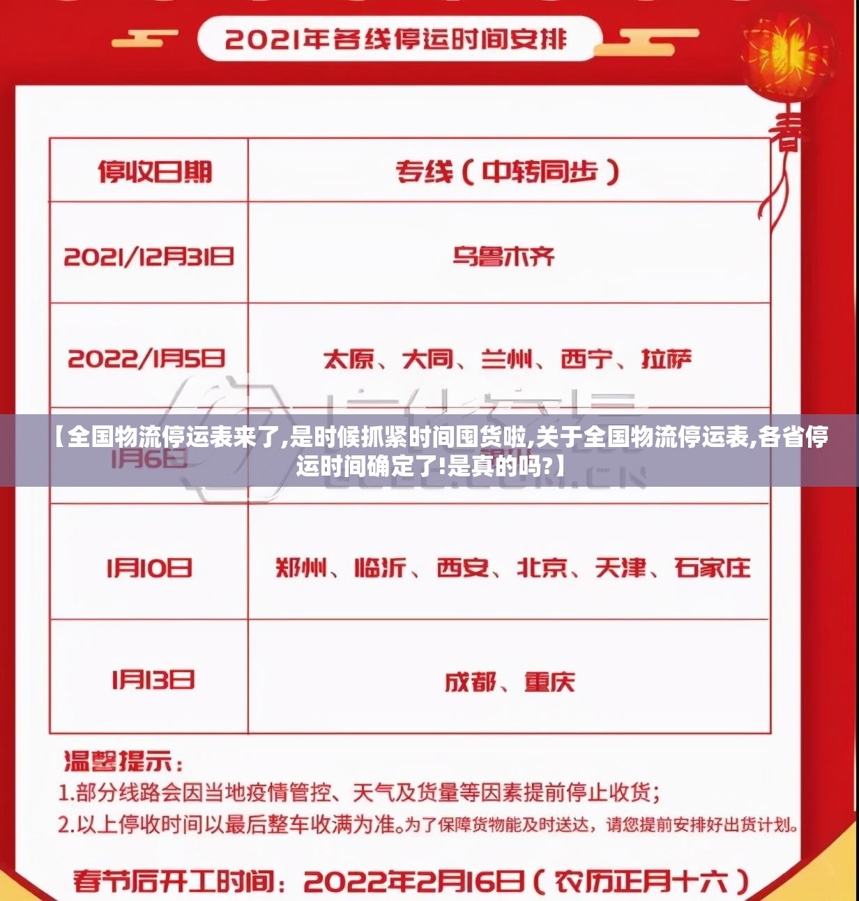 【全国物流停运表来了,是时候抓紧时间囤货啦,关于全国物流停运表,各省停运时间确定了!是真的吗?】