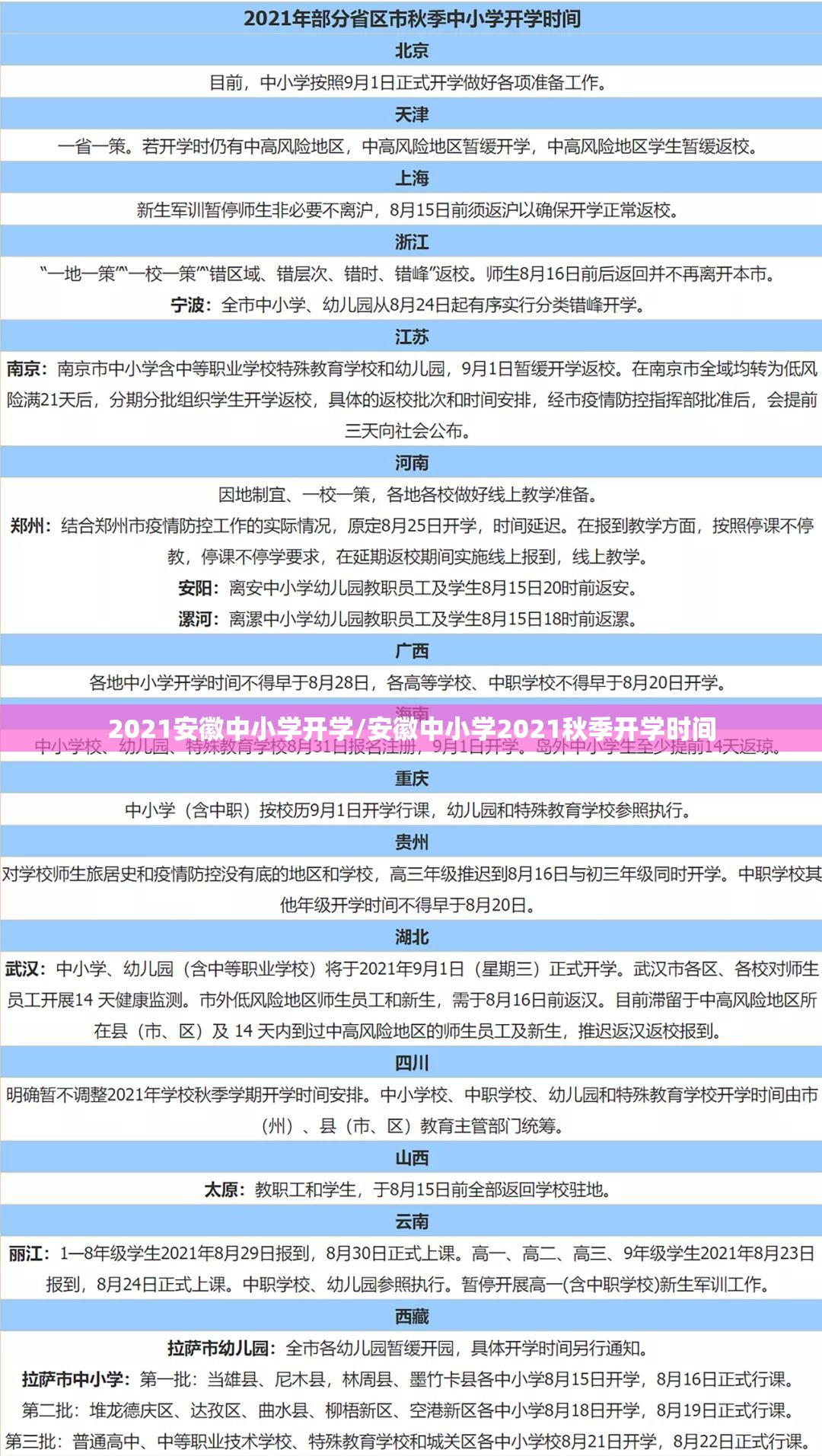 2021安徽中小学开学/安徽中小学2021秋季开学时间